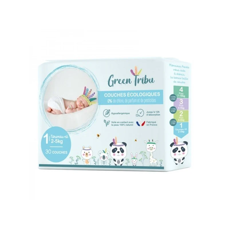 GREEN TRIBU COUCHES ÉCOLOGIQUES HYPOALLERGÉNIQUES POUR BÉBÉ TAILLE 1(2 À 5 KG) 30 COUCHES