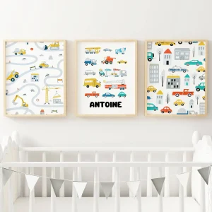 affiche enfant véhicules personnalisé -  engins de chantier & route - poster bébé voitures   par Le Temps des Paillettes