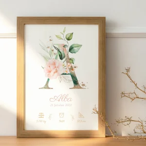 Affiche de naissance personnalisée prénom et initiale fleurs rose pastel - décoration chambre fille