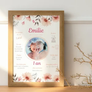 Affiche anniversaire fleurs roses personnalisée - Thème fille bohème par le temps des paillettes