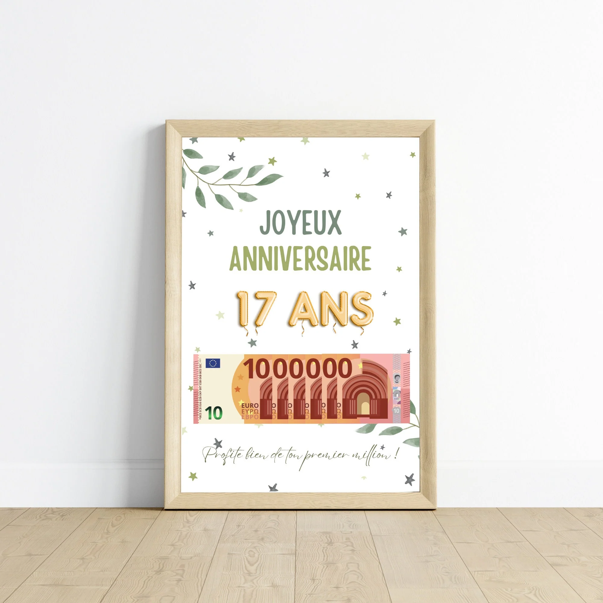 Cadeau argent anniversaire 17 ans, ton premier million, affiche message surprise pour billets à offrir