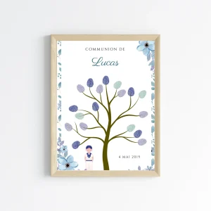 Arbre à empreintes première communion garçon bleu  - Déco confirmation personnalisé par le Temps des Paillettes