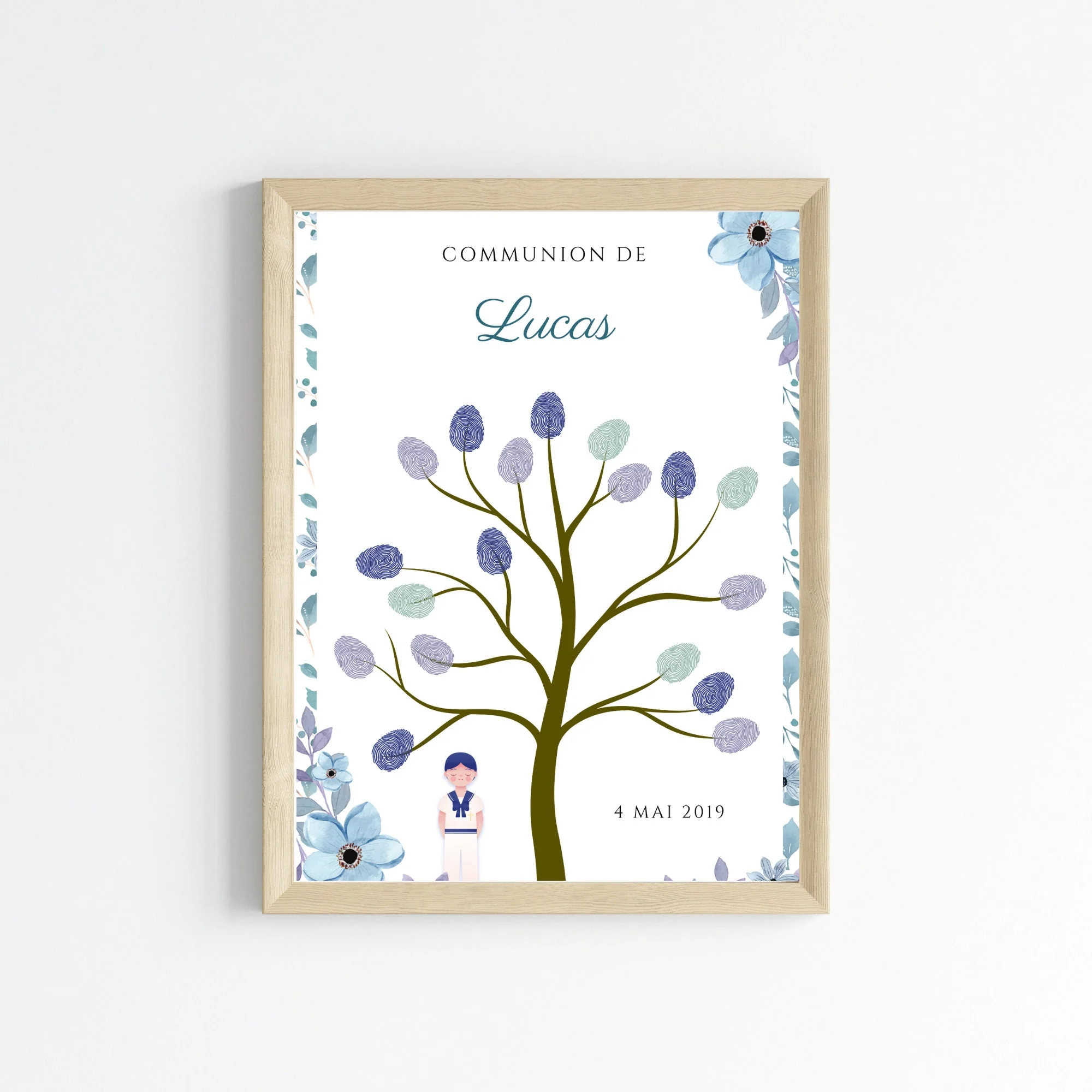 Arbre à empreintes première communion garçon bleu - Déco confirmation personnalisé par le Temps des Paillettes