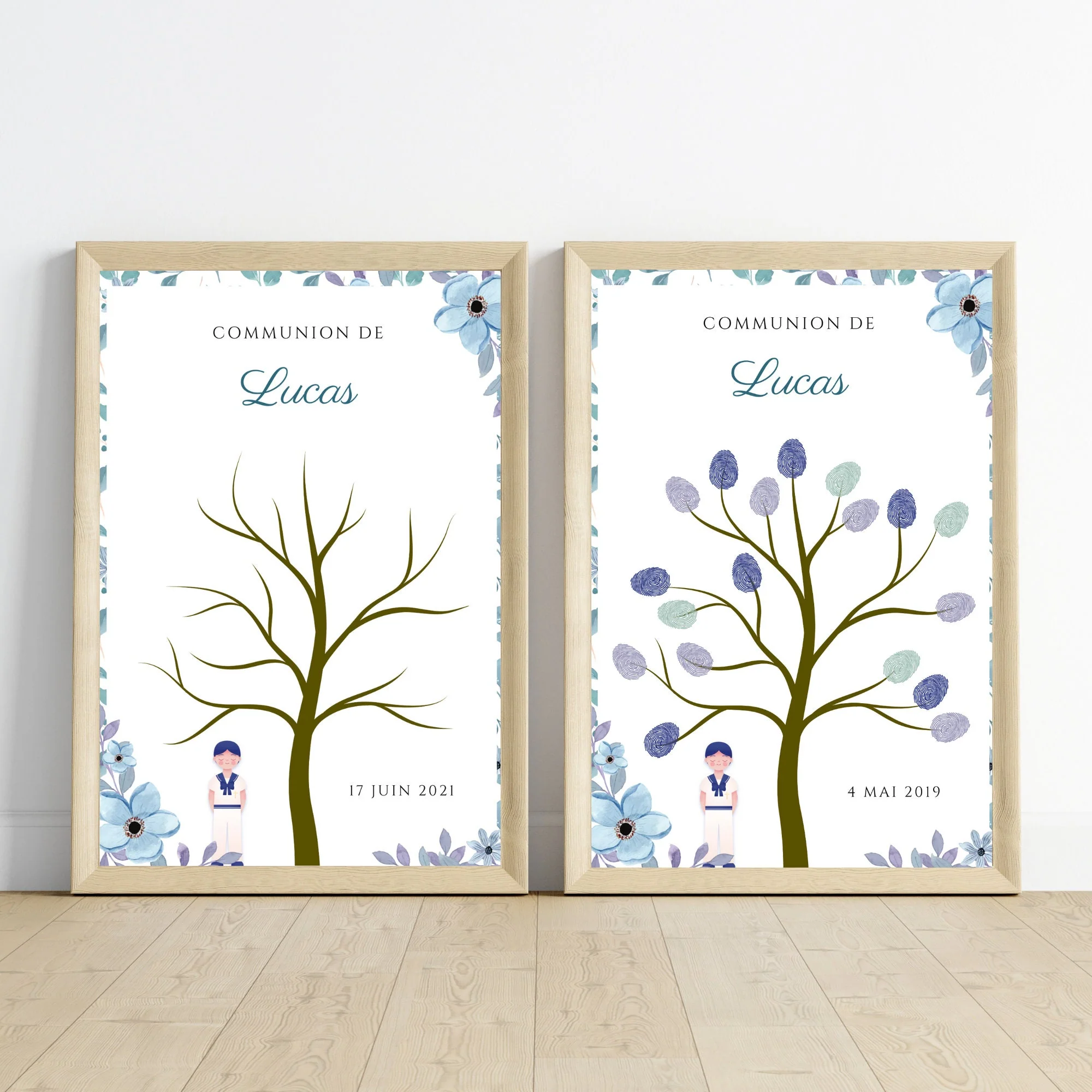 Arbre à empreintes première communion garçon bleu - Déco confirmation personnalisé par le Temps des Paillettes – Image 2