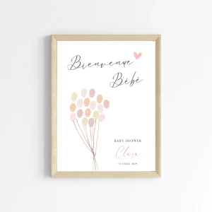 Affiche arbre à empreintes baby shower ballon  - Déco anniversaire baptême personnalisée fille rose par le Temps des Paillettes