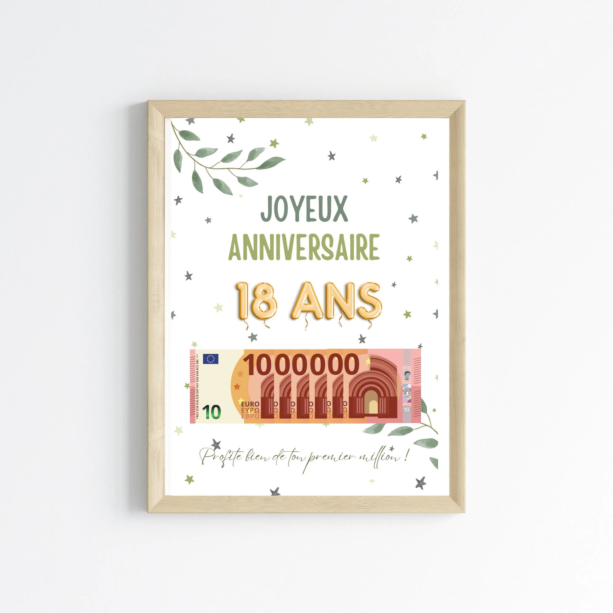 Cadeau argent anniversaire 18 ans, ton premier million, affiche message surprise pour billets à offrir