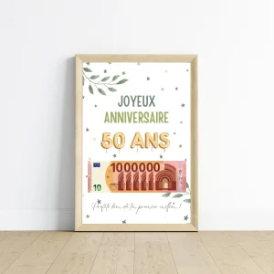 Cadeau argent anniversaire 50 ans, ton premier million, affiche message surprise pour billets à offrir