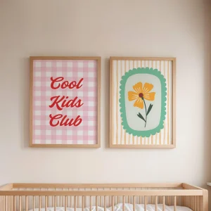 Lot de 3 affiches enfant – Cool Kids Club, cerises et fleurs colorées – Déco murale chambre ou salle de jeux – Affiche numérique