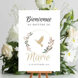 Affiche bienvenue baptême Colombe / anniversaire personnalisée - Panneau de bienvenue pour baptême par le Temps des Paillettes