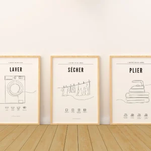 Set 3 affiches buanderie laver sécher plier - Décoration salle de bain cellier par Le Temps des Paillettes