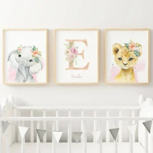 Set 3 affiches animaux de la savane pour chambre enfant - cadeau de naissance personnalisée prénom