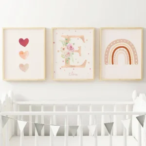 Affiches enfant Style Boho - Affiche de Naissance Arc-en-ciel Terracotta - Initiale et Triple Cœurs